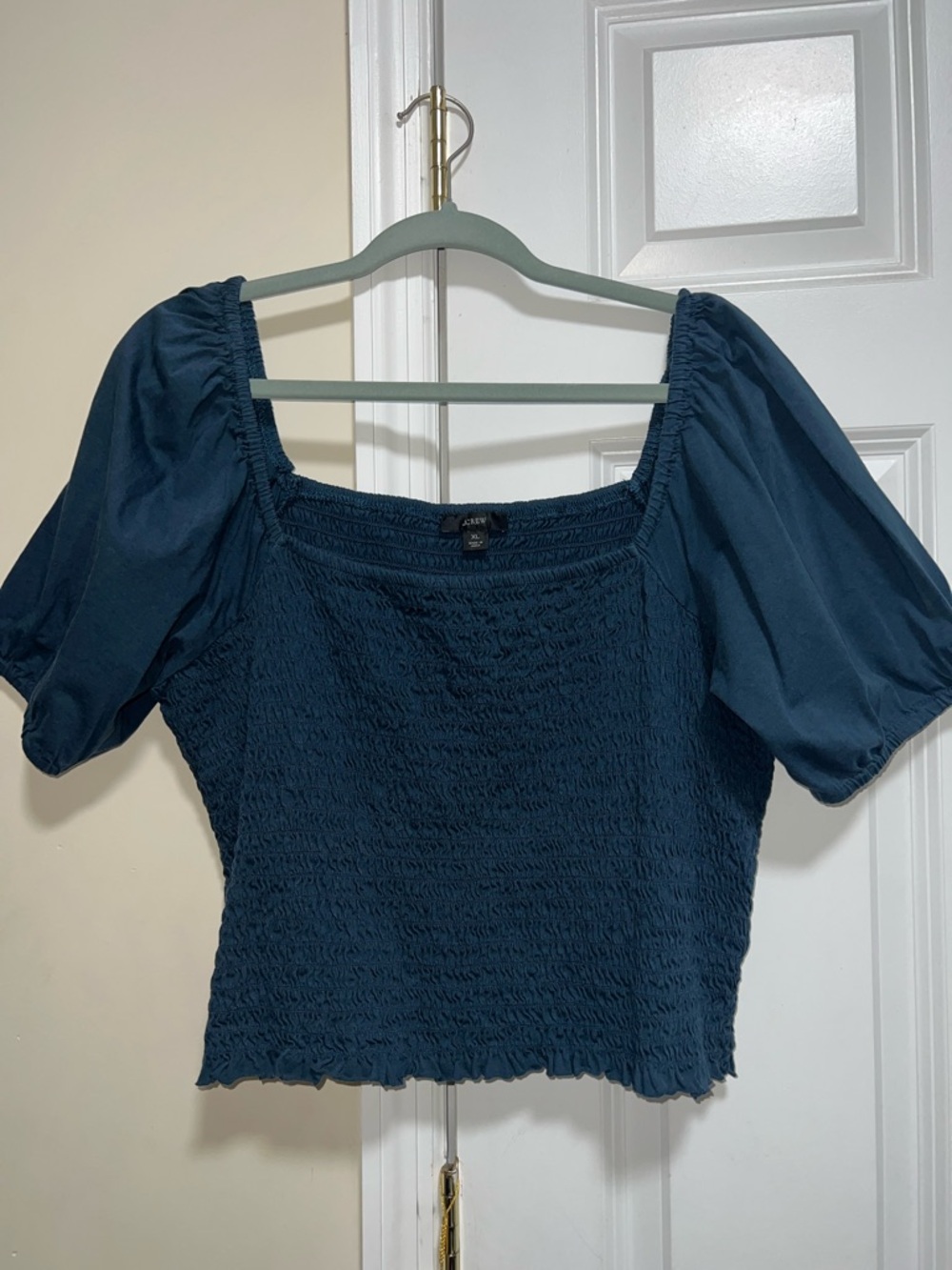 J. Crew Navy Blue Smocked Puff-Sleeve Crop Top
